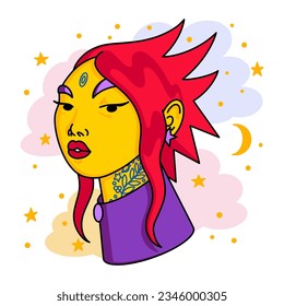 Punk Girl Portrait. Young woman, redhead avatar with floral tattoo on forehead and neck, star shaped earrings, purple punk style jacket. Edgy and fierce, Rebellious. Vector cartoon illustration 