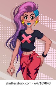 Punk girl in red pants with background,vector.