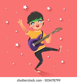 Punk girl. Rock'n'roll young star. Cute girl with green hair playing guitar and dancing on sky background. Vector colorful illustration in flat style.