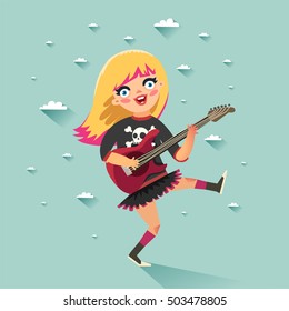 Punk girl. Rock'n'roll young star. Cute blonde with guitar dancing on sky background. Vector colorful illustration in flat style.