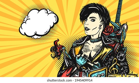 Punk girl and speech bubble. Pop art retro comic style. Rock woman musician. Street music culture. Vector colorful background
