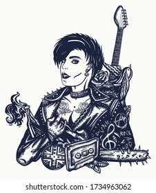 Punk girl. Woman rock musician and electric guitar. Punker with mohawk hairstyle, guitarist. Hooligans lifestyle. Anarchy art. Street music culture. Tattoo and t-shirt design 