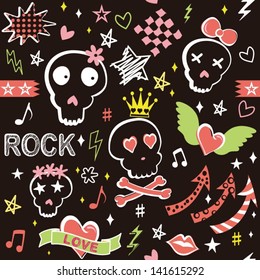 Punk girlish doodles with seamless pattern in vector