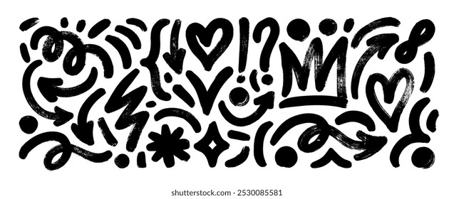 Punk and graffiti style geometric vector elements, funky doodle shapes, arrows and hearts. Primitive geometric forms set with texture. Bold brush drawn figures in punk, grunge or hip hop styles.