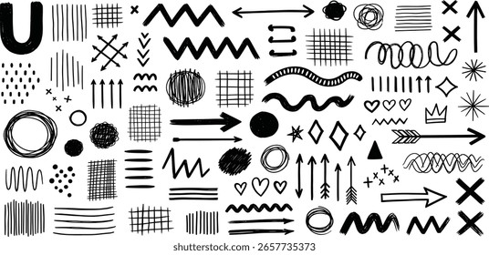 Punk and graffiti style geometric vector elements, funky doodle shapes, arrows and hearts. 