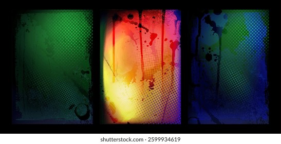 Punk grunge background with gradient halftone pattern and messy ink splatter overlays. Neon colors and fading black edges. Retro style texture for edgy posters or covers design. Vector illustration.