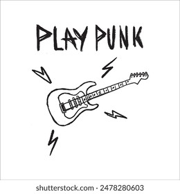 Punk hand drawn electric guitar with lightning. Phrase play punk written in grunge style.