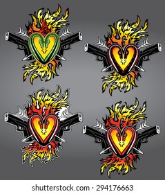 punk heart shape tattoo fire flames glock pistols vector illustration