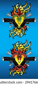 punk heart shape tattoo fire flames glock pistols vector illustration