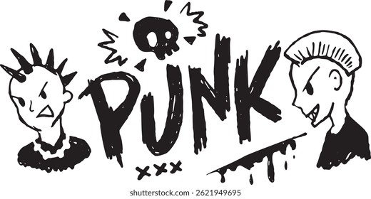 Ilustração Punk com personagens mohawk e letras em negrito em estilo grunge. Desenho de arte de rua desenhado à mão áspero com energia rebelde.