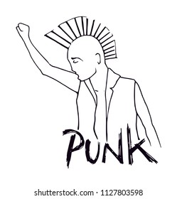 Punk lifestyle, with letter illustration and human rising fist and hand up. Punker rising fist up for solidarity and support. Punk letters illustration. Black outline vector. Mohawk hair. Hairstyle. 