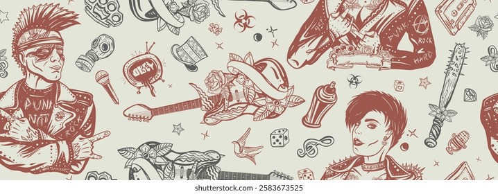 Punk lifestyle. Music concept. Rock culture musical background. Seamless pattern. Punker with mohawk, electric guitar, rock woman. Hooligans. Anarchy art