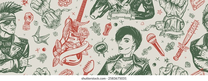 Punk lifestyle. Music concept. Rock culture musical background. Seamless pattern. Punker with mohawk, electric guitar, rock woman