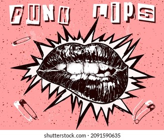 Punk Lips. Hand drawn bitten black shiny lipstick lips in the style of the of Punk flyers and posters with spike crown outline on pink background.