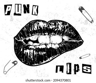 Lips de zorrillo. Los labios brillantes de labios mordidos y negros dibujados a mano en el estilo de los folletos y afiches de Punk sobre fondo blanco.