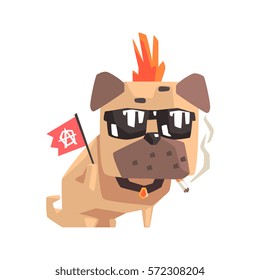 Punk Little Pet Pug Dog Puppy With Collar Smoking And Holding Anarchy Flag Emoji Cartoon Illustration