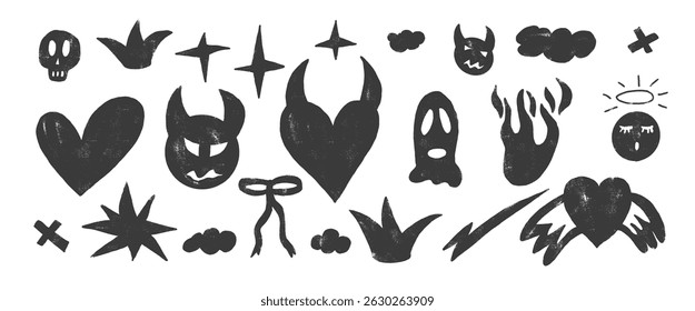 Punk love charcoal doodles set. Devil and angels black stencil crayon textured background. Scribble grunge gritty elements. Hearts, bows, crown and sketch shapes. Vector illustration by marker.
