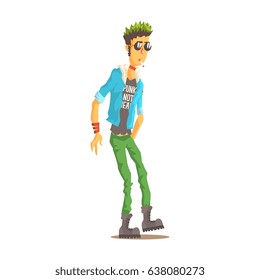 Punk man with green hair dressed in punks style clothing, colorful character vector Illustration