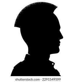 Punk man with mohawk haircut black silhouette vector illustration, isolated on white background.