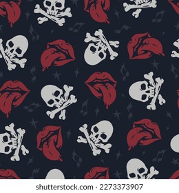 Punk music colorful seamless pattern with lips and skulls with bones for acoustic festival promo materials vector illustration