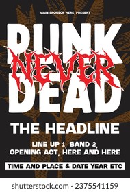 Punk music festival poster, concert poster design, music show template, band music show design, concert flyer vector, punk never dead