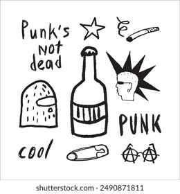 Punk music hand drawn element set. Quirky lettering, phrase Punk's not dead written in grunge style, punk character with mohawk, bottle of alcohol, anarchy symbol, balaclava, cigarette, pin.