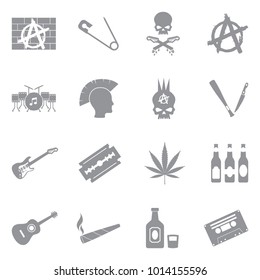 Punk Music Icons. Gray Flat Design. Vector Illustration. 