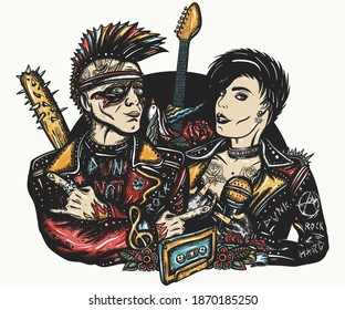 Punk music. Punker with mohawk hairstyle, guitarist. Anarchy art. Rock and roll couple. Hooligans lifestyle. Musicians and electric guitar. Street music culture. Tattoo and t-shirt design 