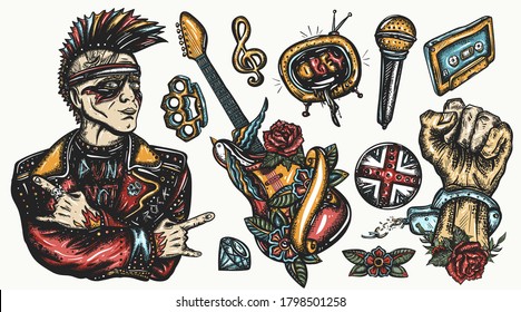 Punk music set. Color graphics elements. Tattoo vector collection. Punker with mohawk hairstyle, hard rock man. Hooligans lifestyle. Electric guitar. Anarchy art. Rock. Traditional tattooing