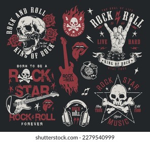 Punk music set colorful stickers with inscriptions rock and roll forever near skulls and guitars in grunge style vector illustration