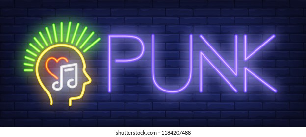 Punk neon text and head with mohawk. Music and advertisement design. Night bright neon sign, colorful billboard, light banner. Vector illustration in neon style.