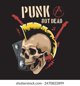 Eslogan de Punk Not Dead con cabeza de calavera, altavoz, rayos y Ilustración vectorial de guitarra para ropa de camiseta