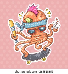 punk octopus on a skateboard