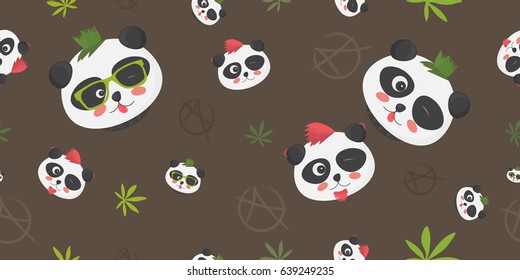 Punk Pandas seamless pattern: cute bear faces with punk haircuts, anarchy symbol and hemp leaf on a dark background. 