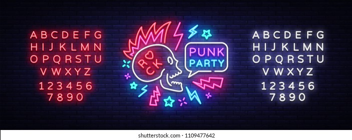 Punk Party Neon Sign Vector. Rock music logo, night neon signboard, design element invitation to Rock party, concert, festival, night bright advertising, light banner. Vector. Editing text neon sign