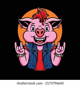 punk pig cartoon vector illustration