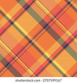 Fondo textil a cuadros punk, textura de Vector de patrón de comedor. Tejido de tartán sin costuras de los años sesenta a cuadros en la paleta de colores naranja y ámbar.