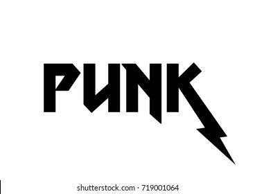 Punk print in vector. Punk text with flash in black and white colors.