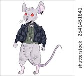 Punk rat. Interesting design. Colored. Chains and collars with spikes. Red eyes. Rock style, grunge. Alternative. Vector hand-drawn illustration. Print on clothes, stickers, cups, sketchbooks.