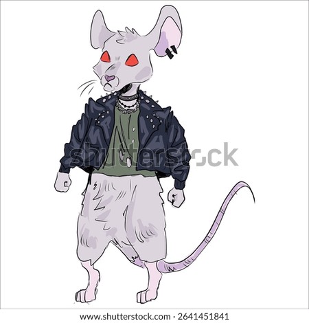Punk rat. Interesting design. Colored. Chains and collars with spikes. Red eyes. Rock style, grunge. Alternative. Vector hand-drawn illustration. Print on clothes, stickers, cups, sketchbooks.