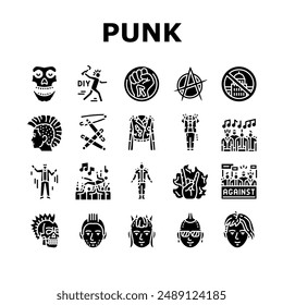 punk retro element hand art icons set vector. paper y2k, grunge shape, pop mouth, grid doodle, tattoo cyber, heart fire vintage punk retro element hand art glyph pictogram Illustrations