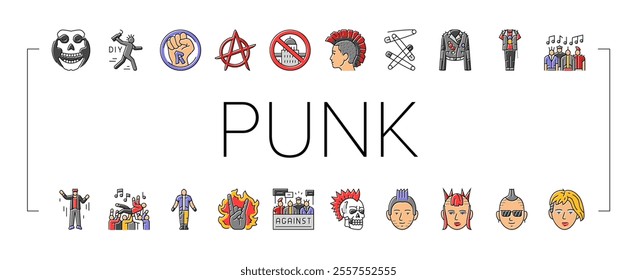 punk retro element hand art icons set vector. paper y2k, grunge shape, pop mouth, grid doodle, tattoo cyber, heart fire vintage punk retro element hand art color line illustrations