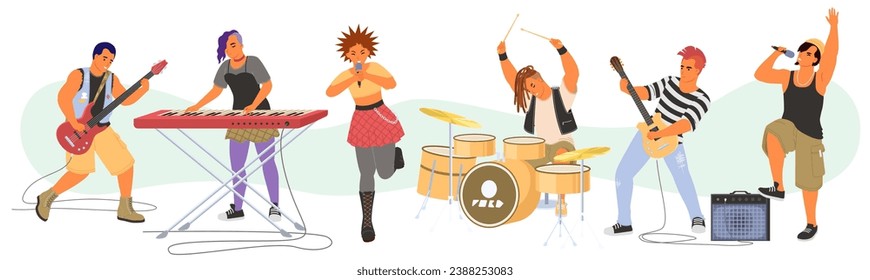 Punk rock band male and female characters playing music instrument and singing in microphone vector illustration. Talented artists performing isolated on white background