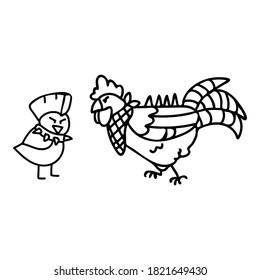 Punk rock chicken and chick with mohawk vector illustration clipart. Simple alternative sticker. Kids emo rocker cute hand drawn cartoon animal motif. 