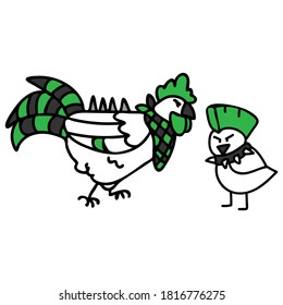Punk rock cockerel chicken and chick vector illustration clipart. Simple alternative sticker. Kids emo rocker cute hand drawn cartoon animal with attitude motif. 
