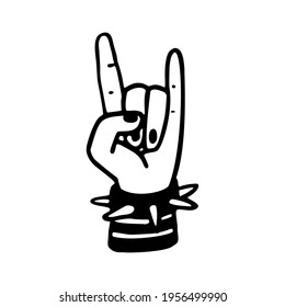 Punk rock collection. Devil s horns gesture, a human hand showing rock sign. Vector illustration on white background.