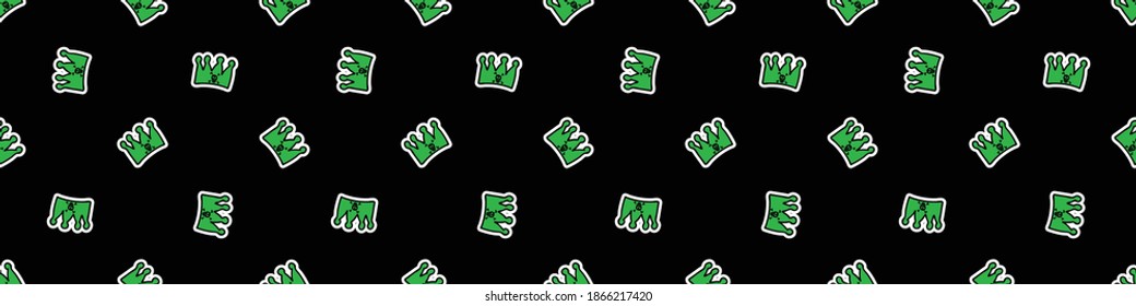 Punk Rock Crown Vector Seamless Border. Simple Alternative Banner. Kids Emo Rocker Cute Hand Drawn Cartoon Grungy Tattoo With Attitude Motif. 