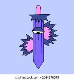 Punk Rock Dagger mit einem Auge und Gepäck. psychedelische Tätowierungsvorlage. Zombie-Messer zu Halloween. Bizarre-Charakter in den 70er und 80er Jahren im Grunge-Stil.kalte Waffenaufkleber für Social-Media-Geschichten