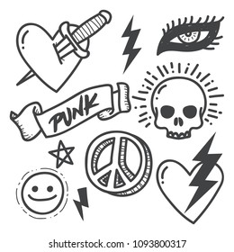 Punk rock doodle illustration series. Monoline rock art doodle vector