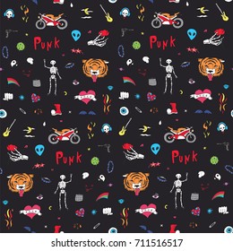 punk rock doodle objects black background seamless pattern